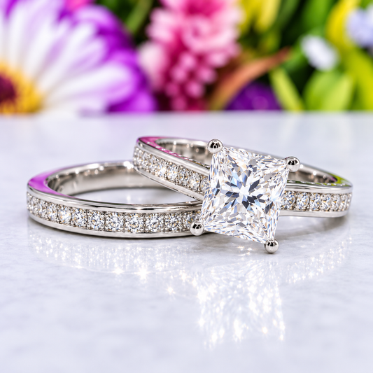Princess Cut 1.5 Carat Moissanite Ring Set: Sterling Silver Wedding Engagement