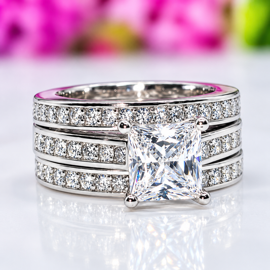 Princess Cut Moissanite Engagement Ring Set: Sterling Silver Anniversary Promise Ring