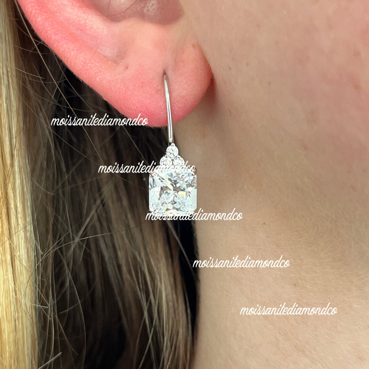Square Cut Moissanite Dangle Drop Earrings 2 Ct: 925 Sterling Silver