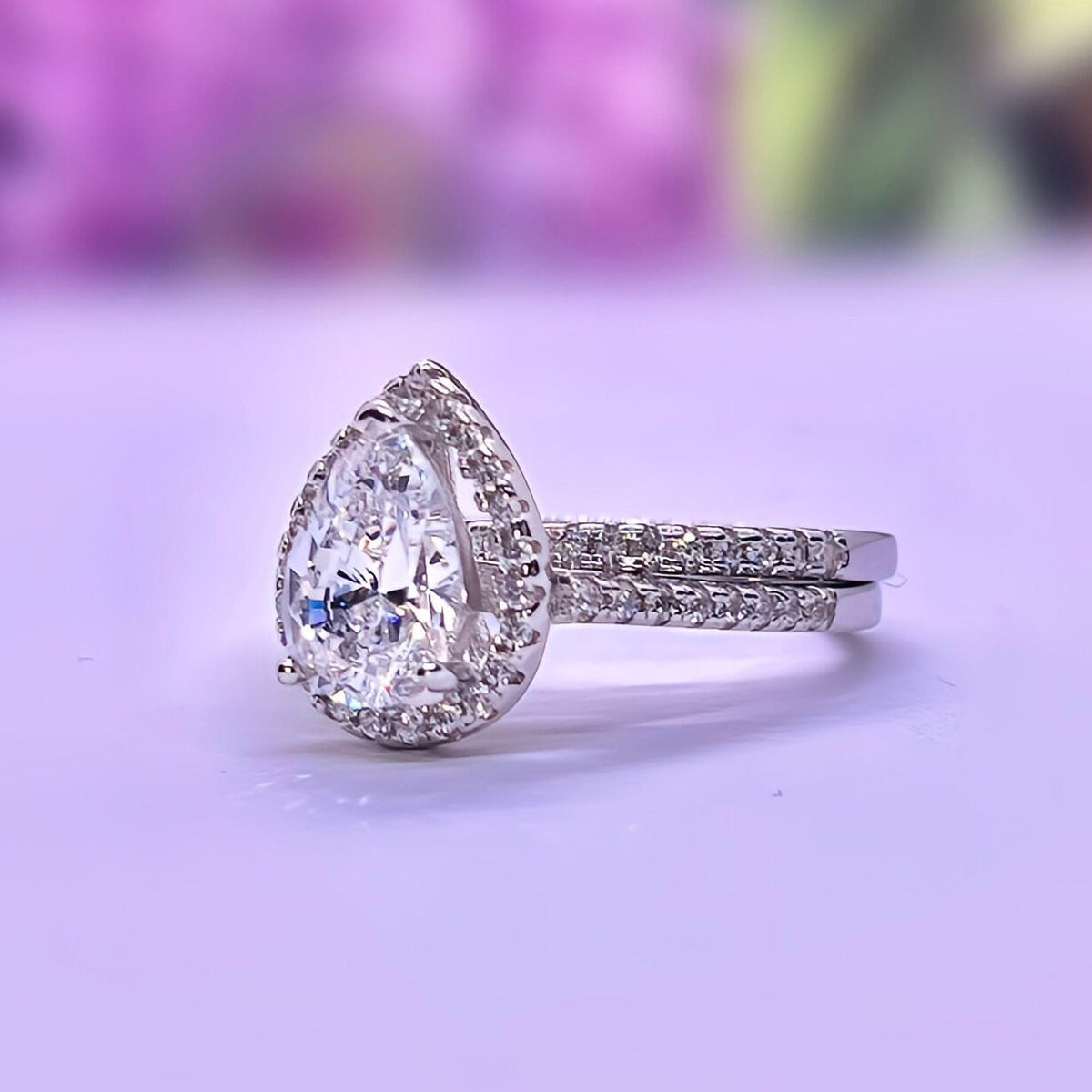 Pear Engagement Ring Set 1.5 Carat : Sterling Silver