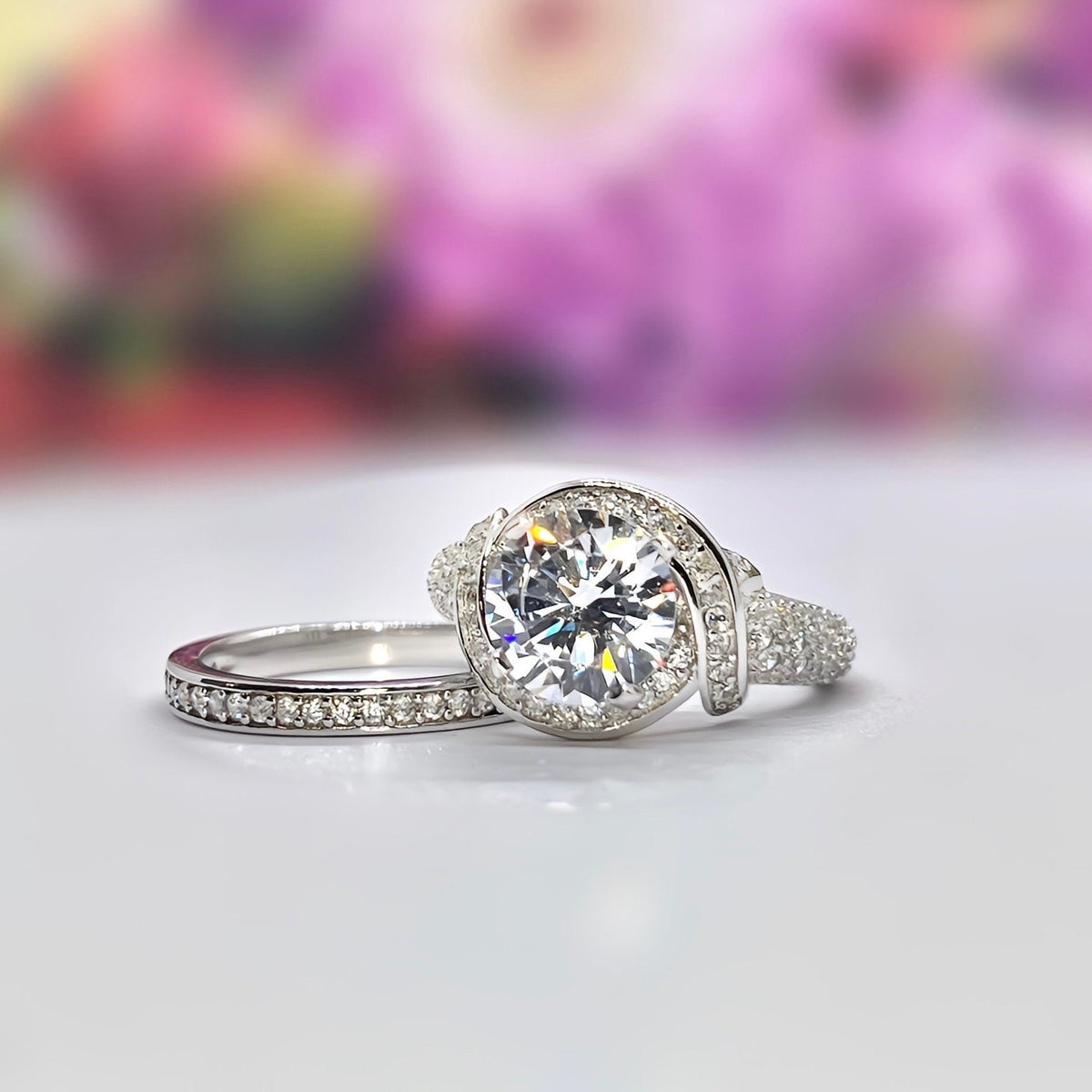Round Cut Moissanite Engagement Ring Set: 2 Carat Sterling Silver Bridal Jewelry