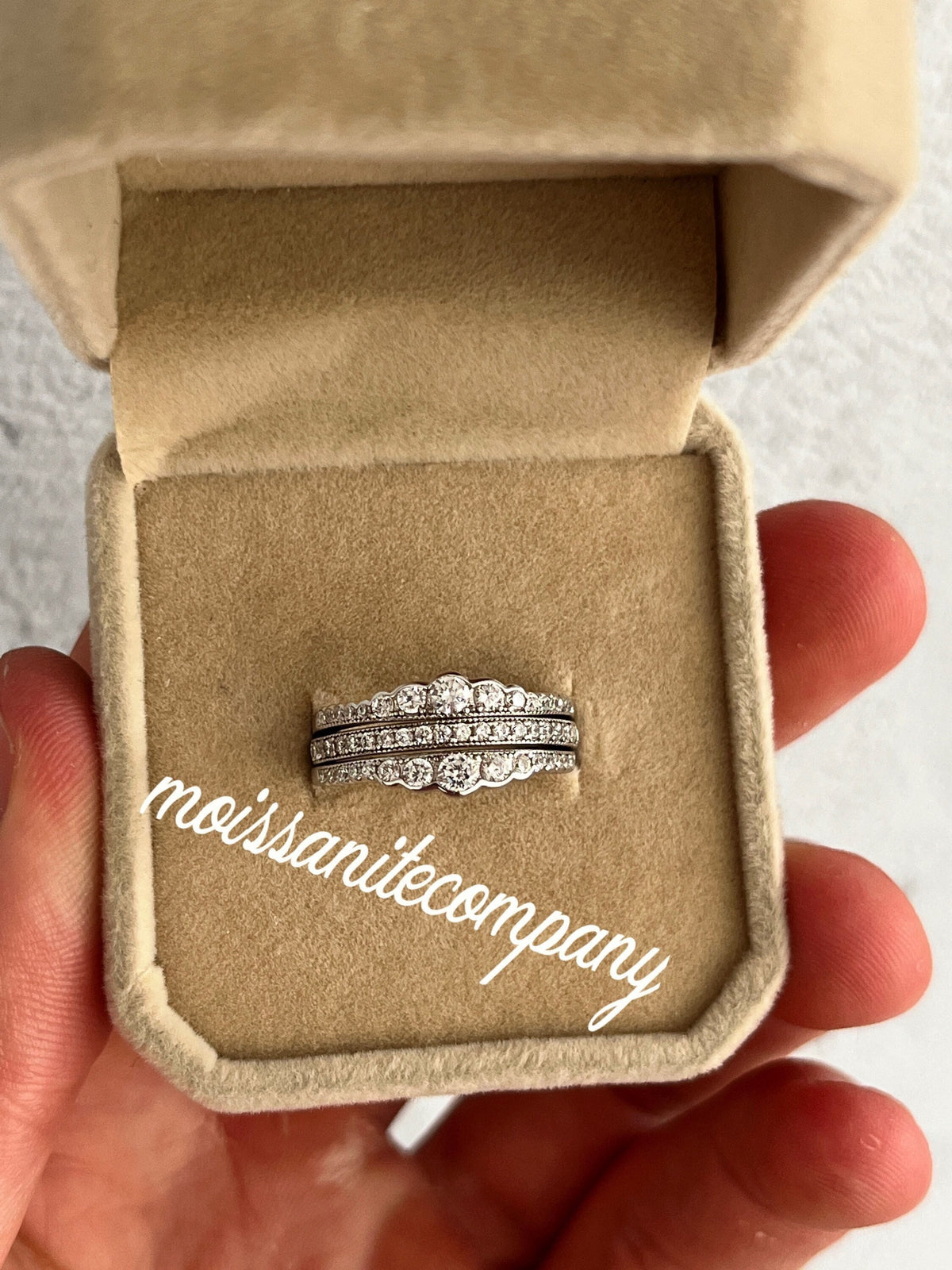 Moissanite Diamond Sterling Silver Eternity Ring Set: Stackable Bridal Rings