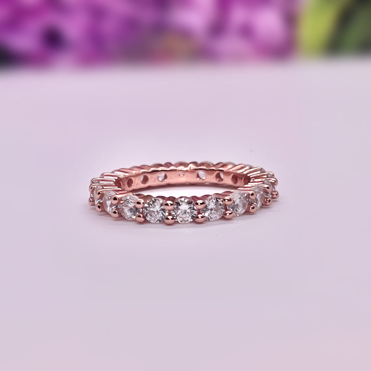 Rose Gold Moissanite Eternity Ring: 925 Sterling Silver Band