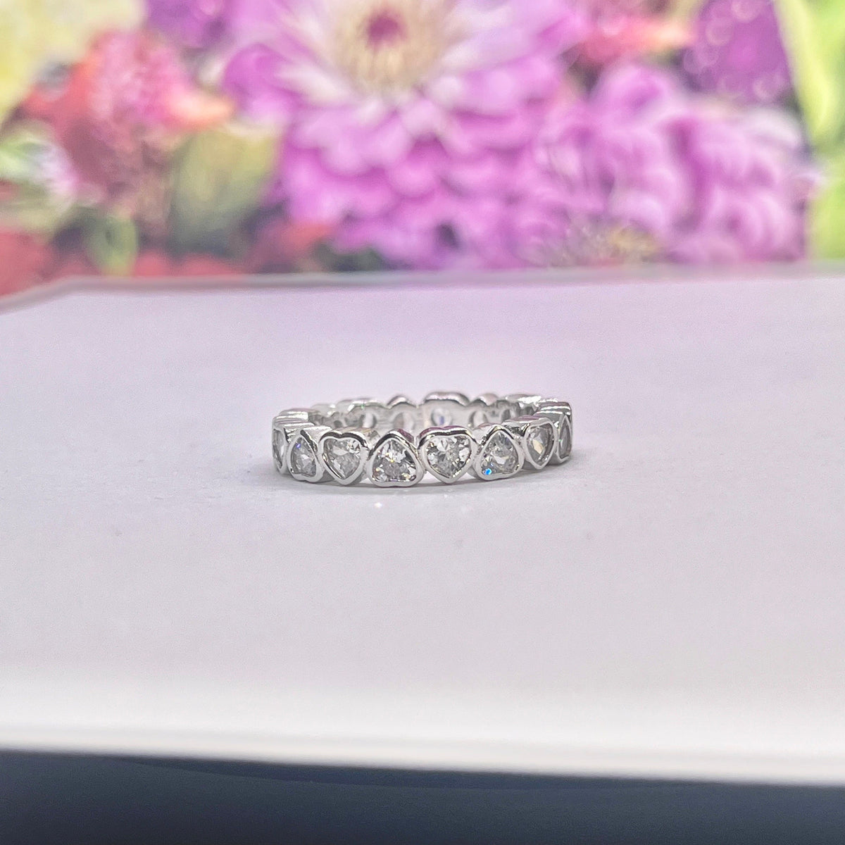 Silver Heart Eternity Ring Moissanite Diamond 925 Sterling Silver
