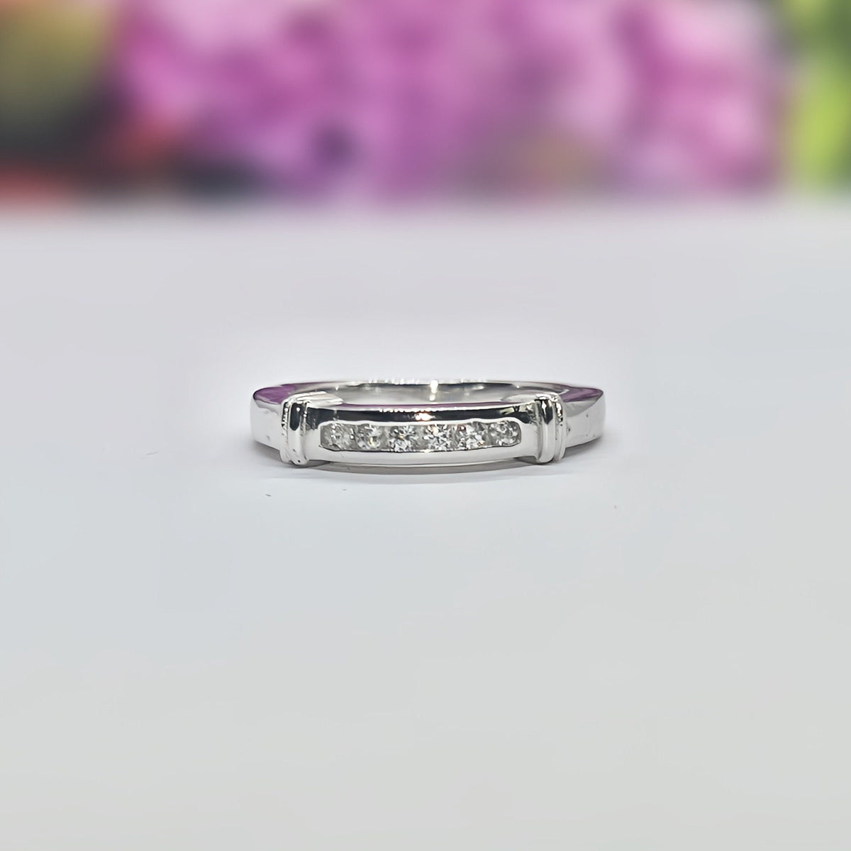 Sterling Silver Moissanite Wedding Band: Channel Set Ring