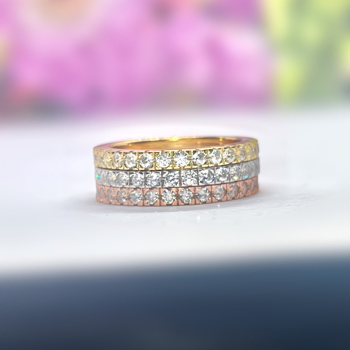 Silver Stackable Rings Eternity 3 Piece Moissanite Diamond Stacking Ring Bridal Set