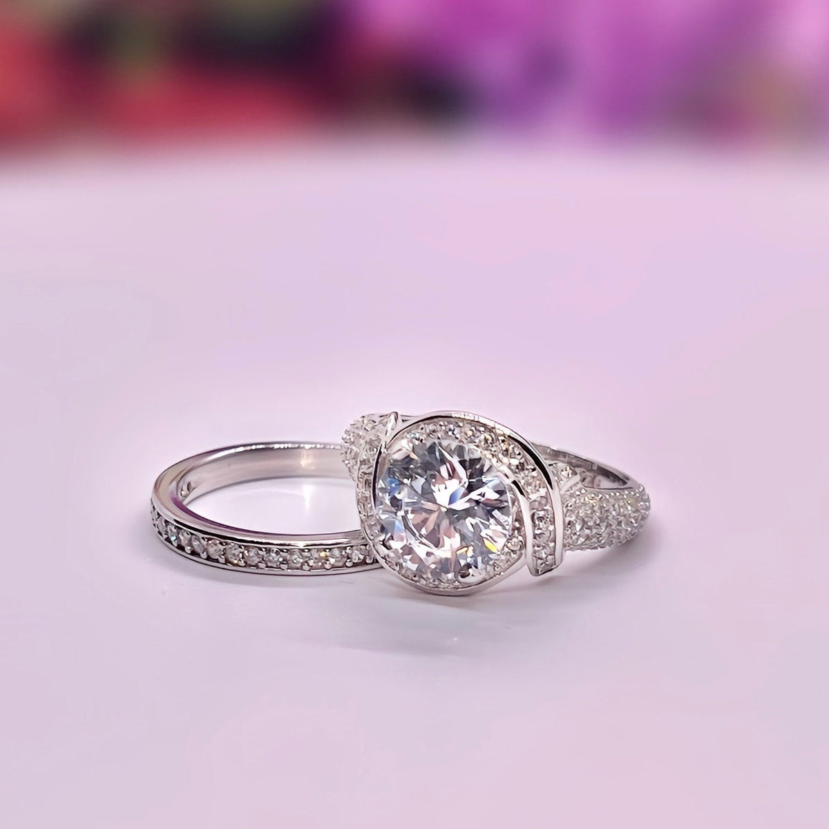 Round Cut Moissanite Engagement Ring Set: 2 Carat Sterling Silver Bridal Jewelry