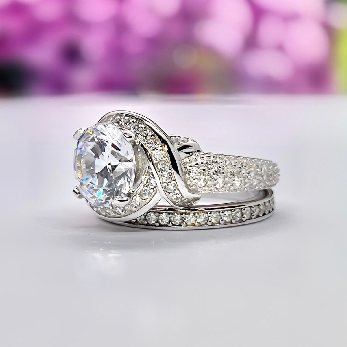 Round Cut Moissanite Engagement Ring Set: 2 Carat Sterling Silver Bridal Jewelry