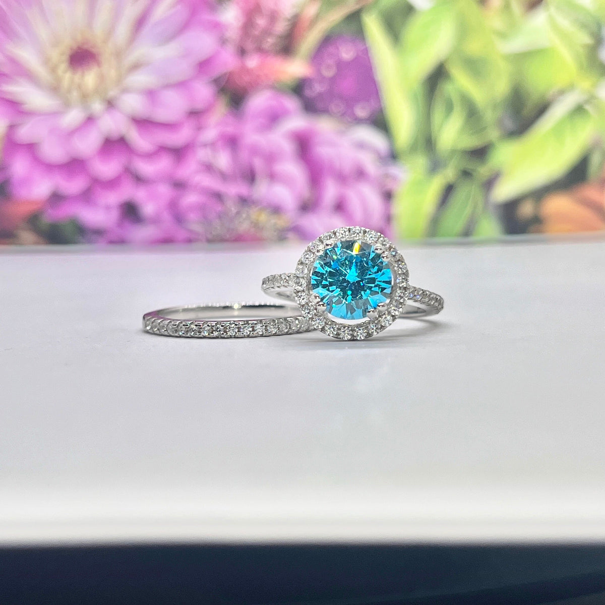 Blue Sapphire Halo Engagement Ring Set - Sterling Silver Wedding Rings