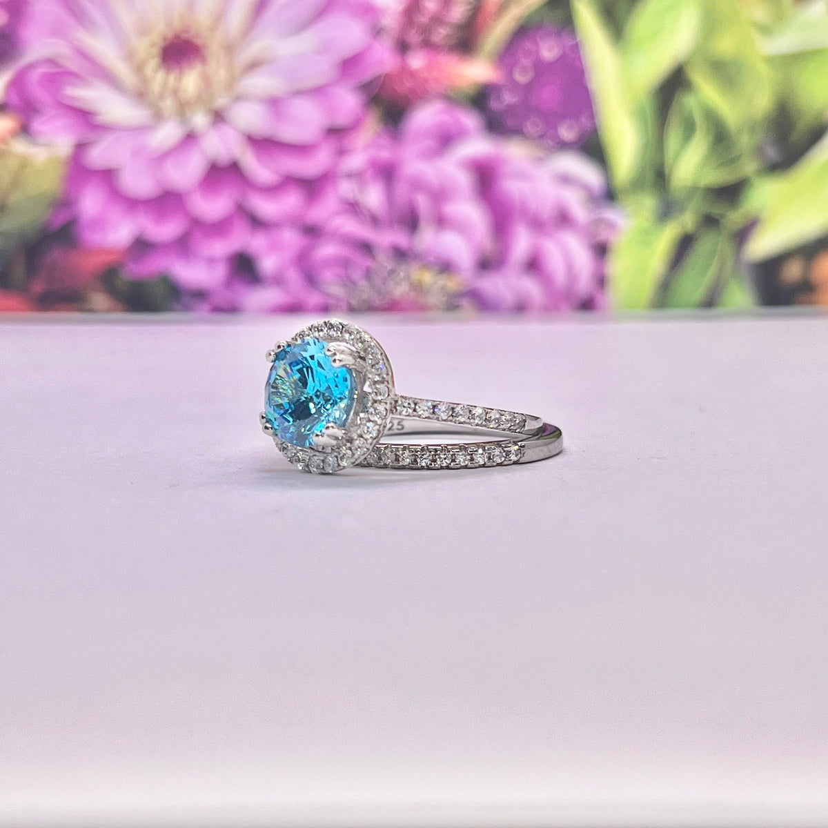 Blue Sapphire Halo Engagement Ring Set - Sterling Silver Wedding Rings
