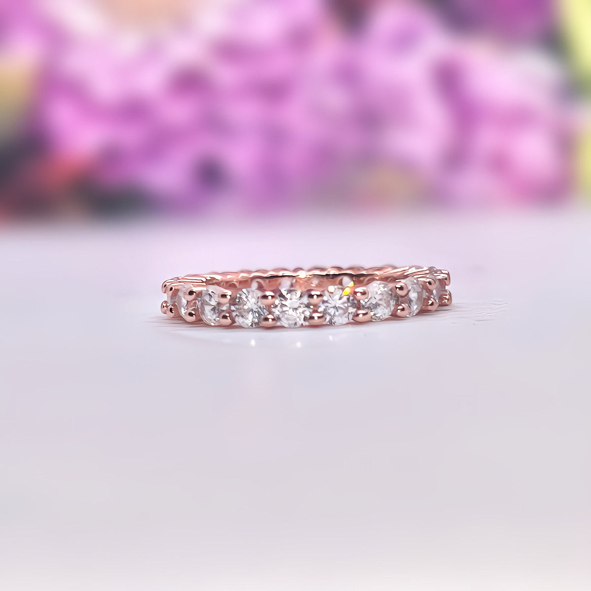 Rose Gold Moissanite Eternity Ring: 925 Sterling Silver Band