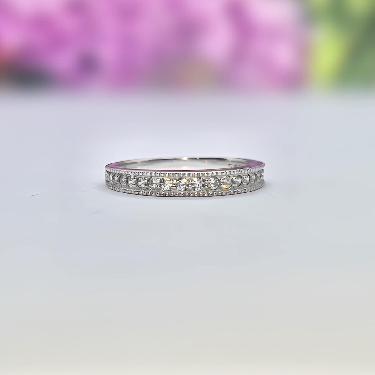 Vintage Style Art Deco  Diamond Solid Sterling 925 Silver Band Wedding Eternity Ring