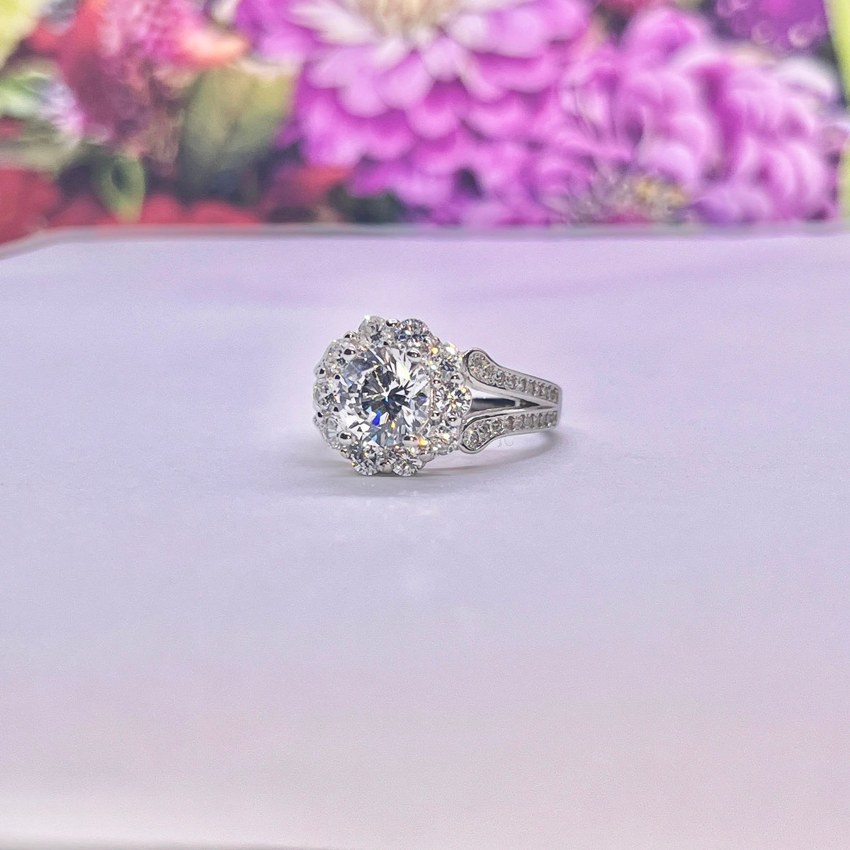 Vintage Style Lab Diamond Cluster Ring: Sterling Silver Engagement