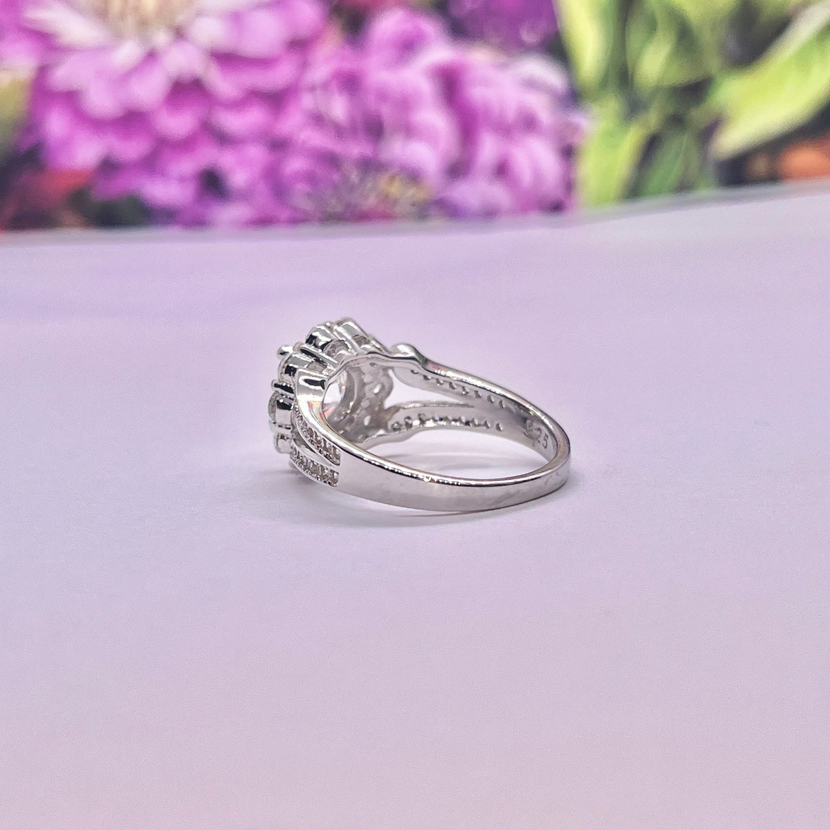 Vintage Style Lab Diamond Cluster Ring: Sterling Silver Engagement