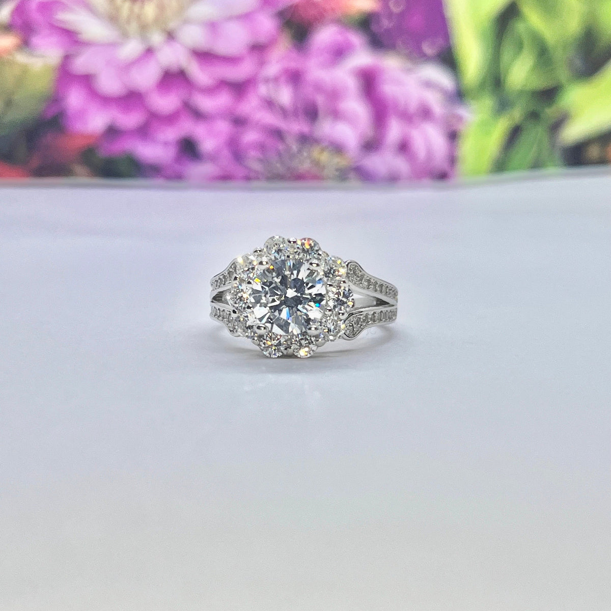 Vintage Style Lab Diamond Cluster Ring: Sterling Silver Engagement