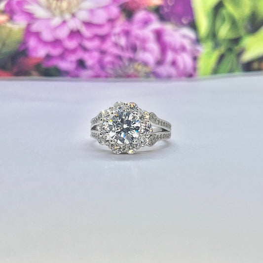Vintage Style Lab Diamond Cluster Ring: Sterling Silver Engagement