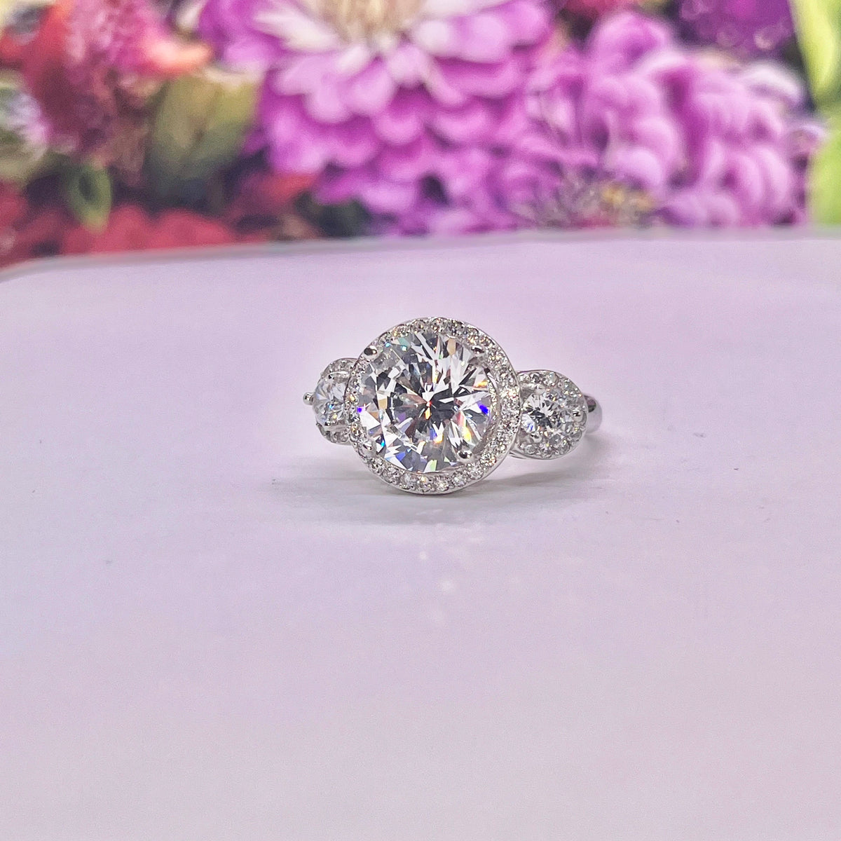 Three Stone Moissanite Diamond Engagement Ring Silver Gift Boxed Wedding Ring