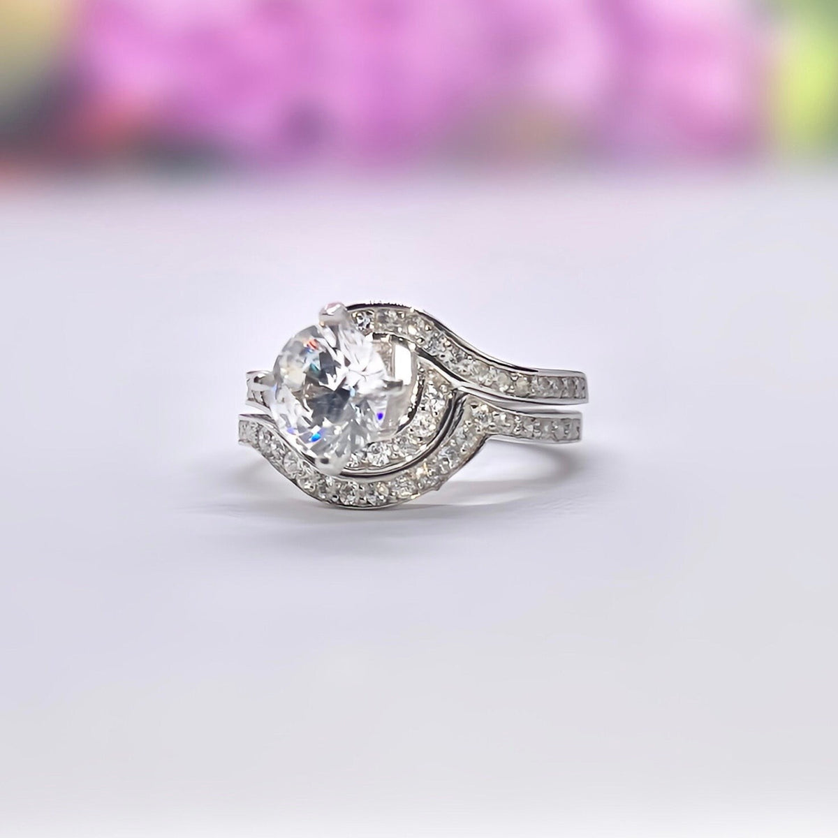 Moissanite Wave Engagement Ring Set: 925 Sterling Silver Bridal Ring