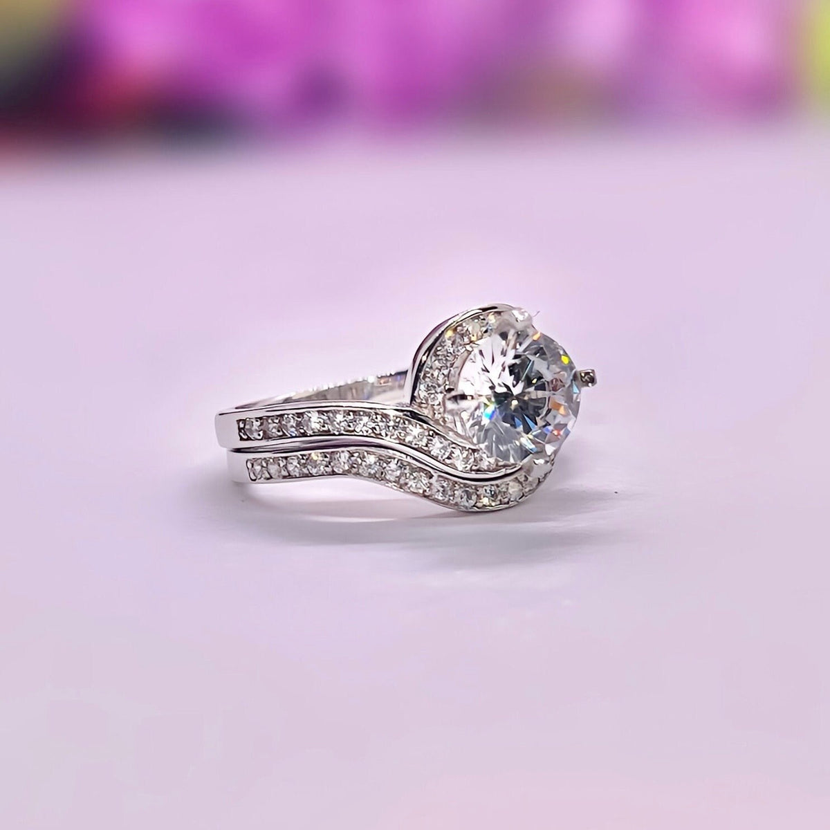 Moissanite Wave Engagement Ring Set: 925 Sterling Silver Bridal Ring