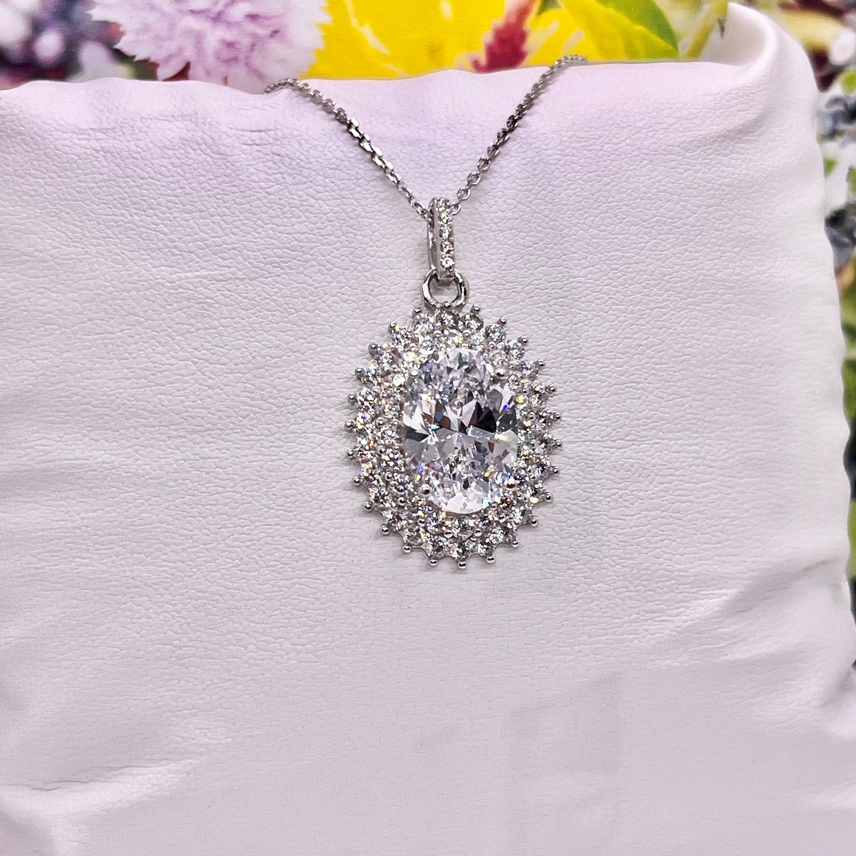 Flowery Oval Cut 6 Ct  Moissanite Diamond Necklace Sterling 925 Silver Flower Pendant Necklace
