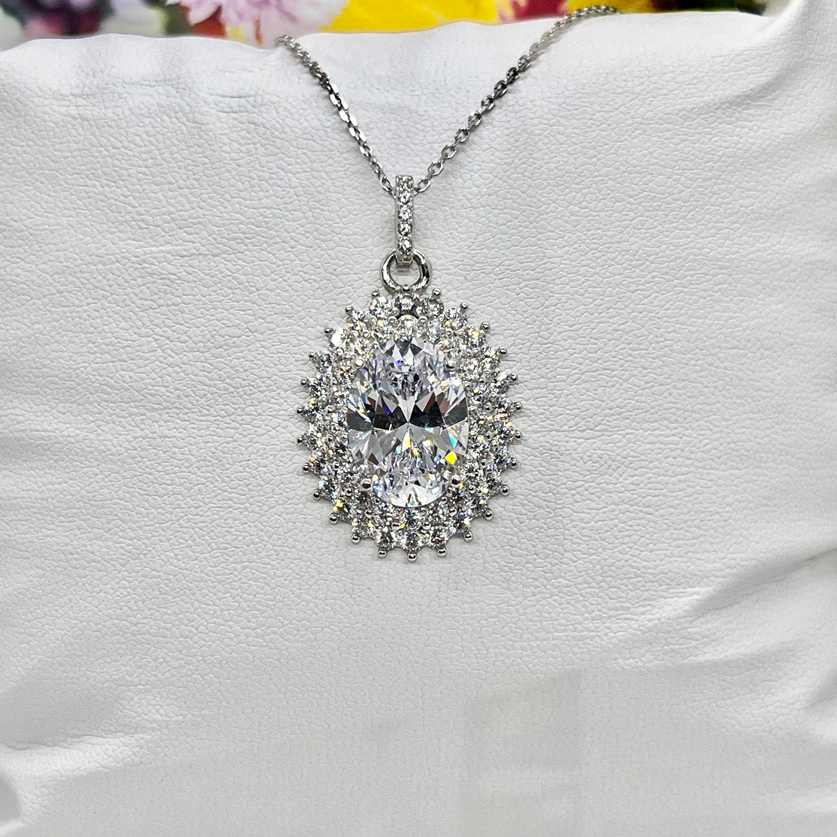 Flowery Oval Cut 6 Ct  Moissanite Diamond Necklace Sterling 925 Silver Flower Pendant Necklace