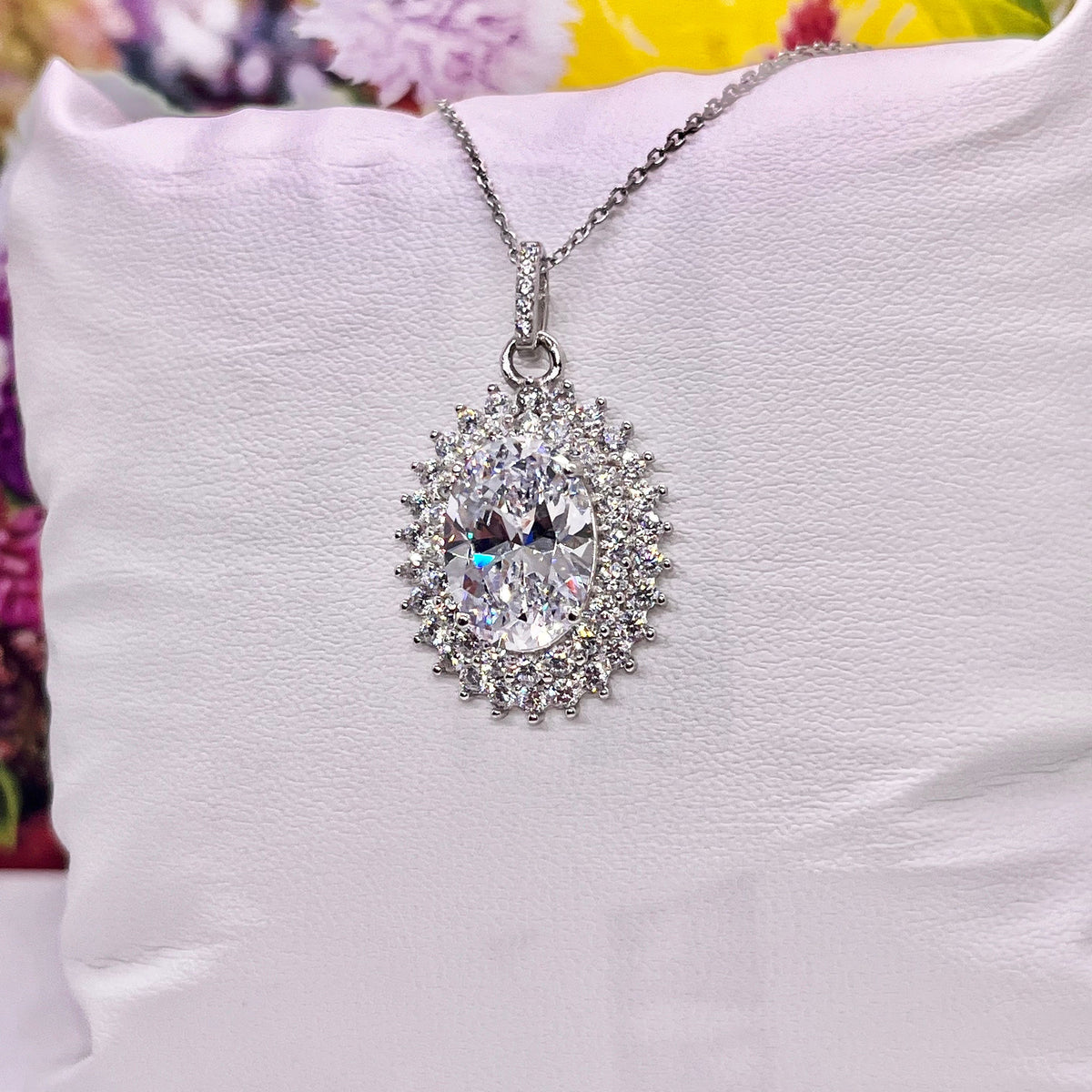 Flowery Oval Cut 6 Ct  Moissanite Diamond Necklace Sterling 925 Silver Flower Pendant Necklace