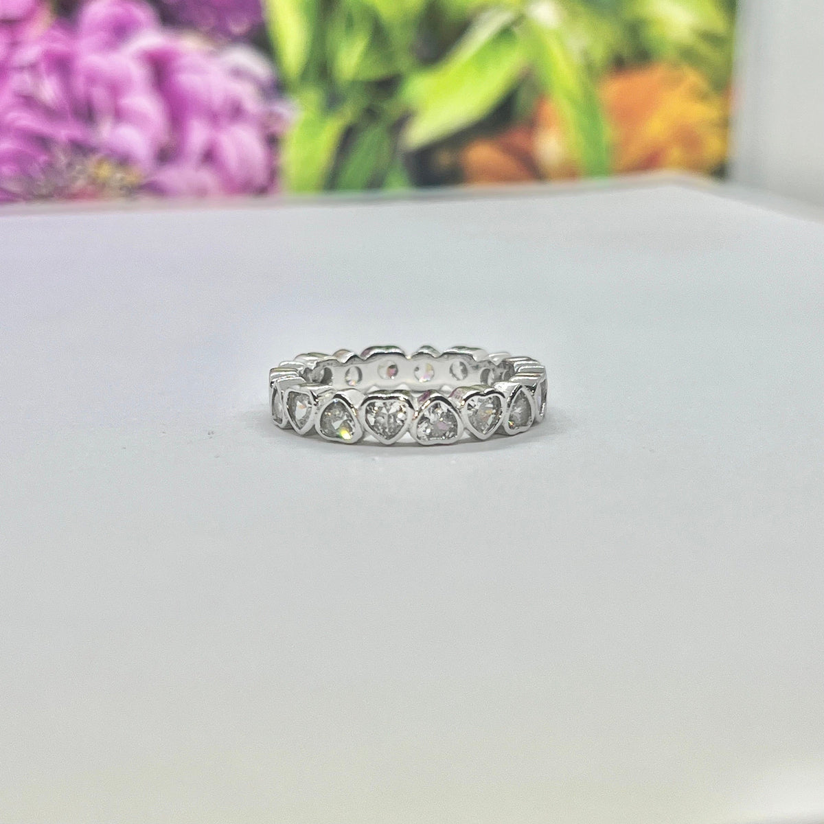 Silver Heart Eternity Ring Moissanite Diamond 925 Sterling Silver