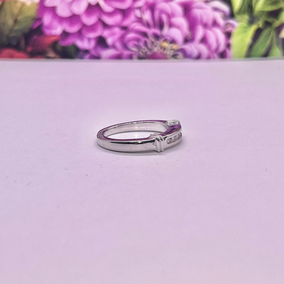 Sterling Silver Moissanite Wedding Band: Channel Set Ring