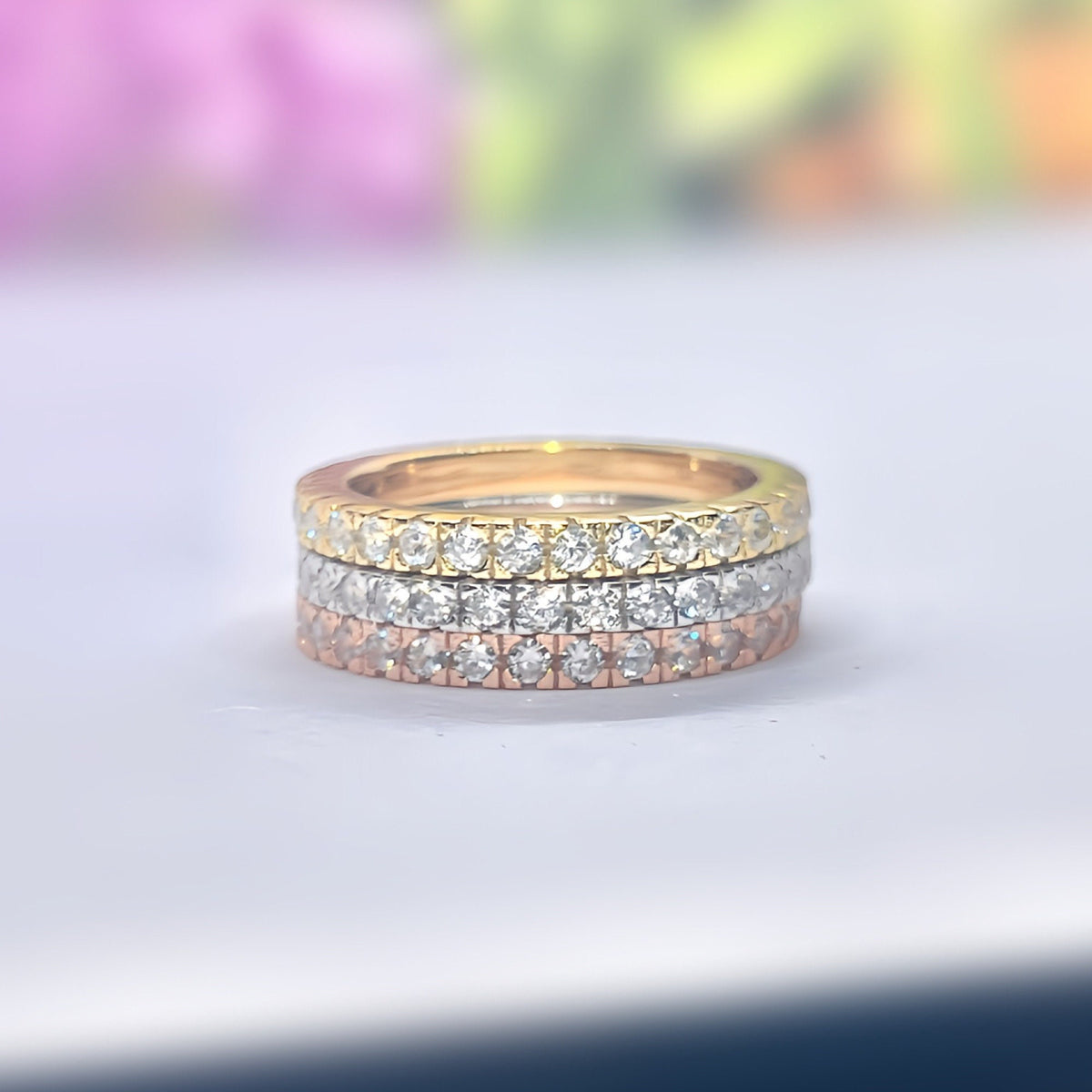 Silver Stackable Rings Eternity 3 Piece Moissanite Diamond Stacking Ring Bridal Set