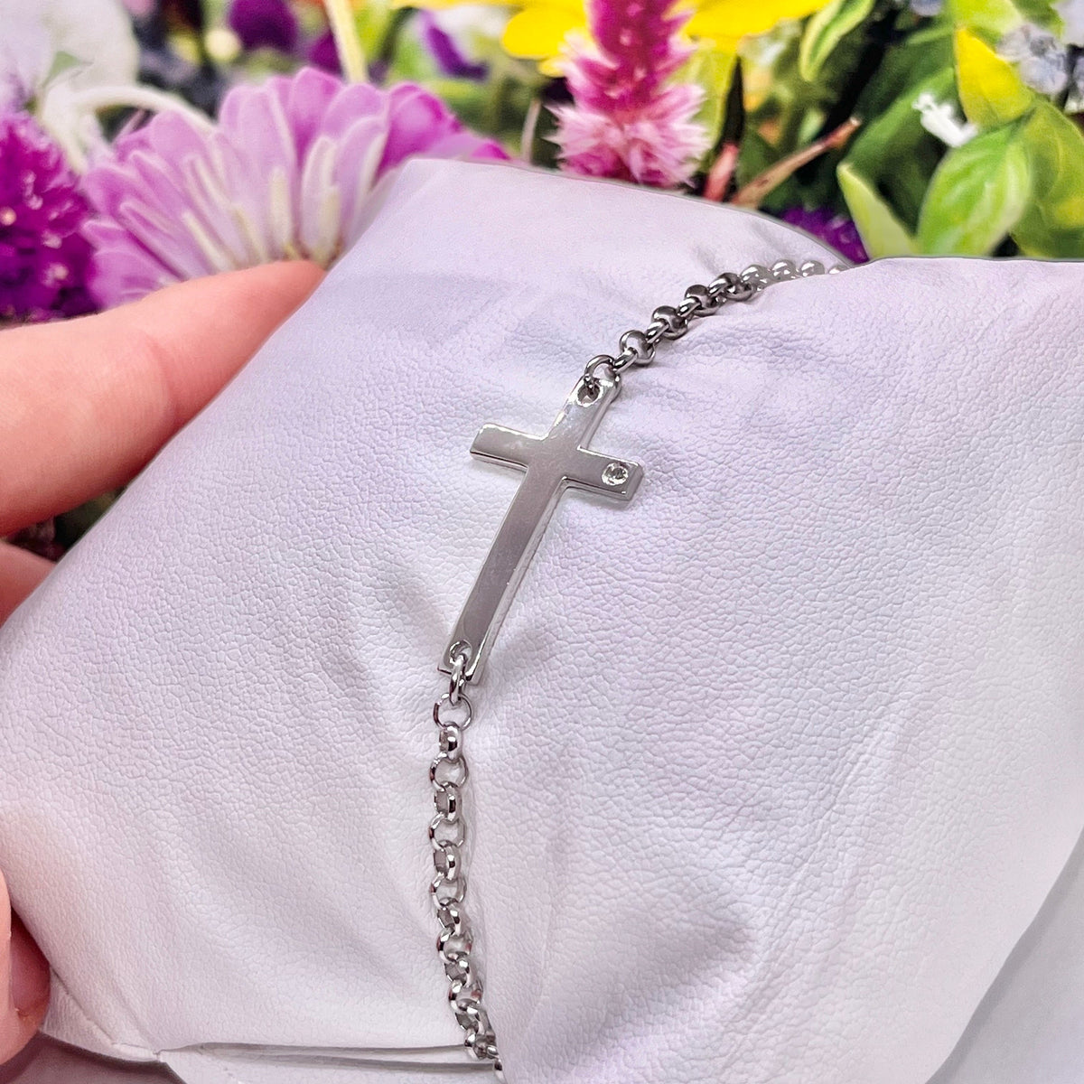 Sterling Silver Cross Bracelet: Moissanite Diamond, Adjustable