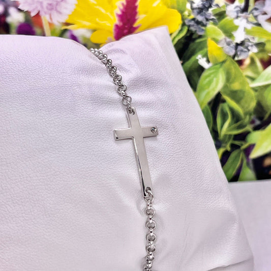 Sterling Silver Cross Bracelet: Moissanite Diamond, Adjustable