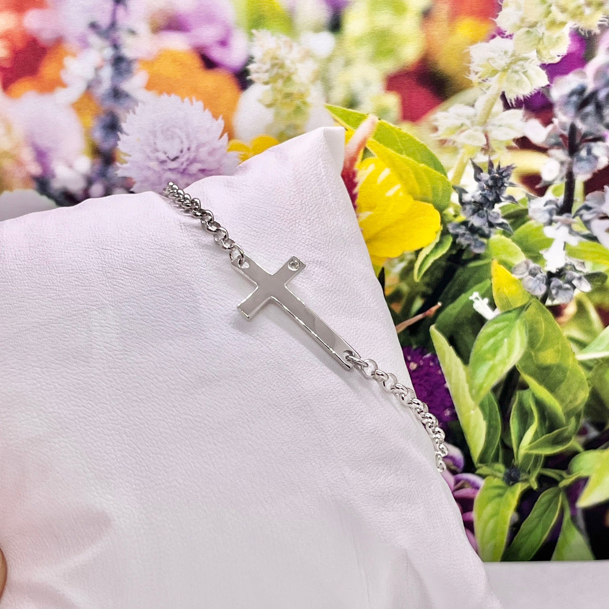 Sterling Silver Cross Bracelet: Moissanite Diamond, Adjustable