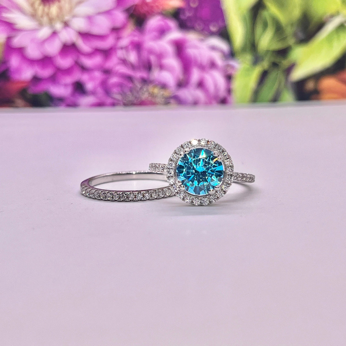 Blue Sapphire Halo Engagement Ring Set - Sterling Silver Wedding Rings
