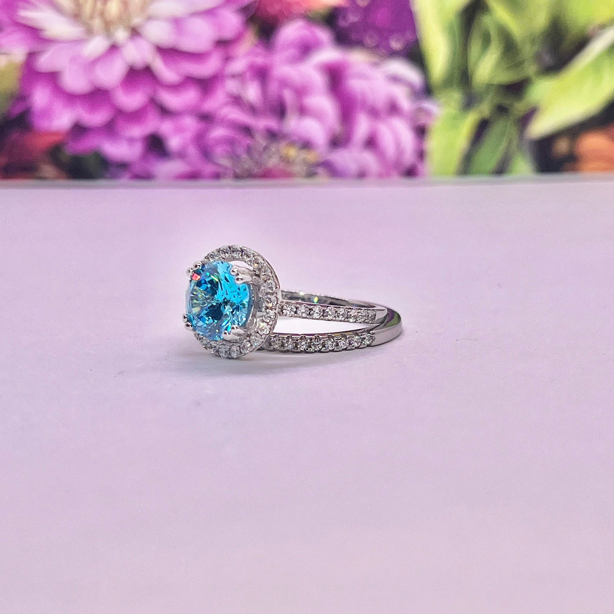 Blue Sapphire Halo Engagement Ring Set - Sterling Silver Wedding Rings