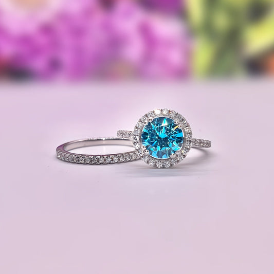 Blue Sapphire Halo Engagement Ring Set - Sterling Silver Wedding Rings