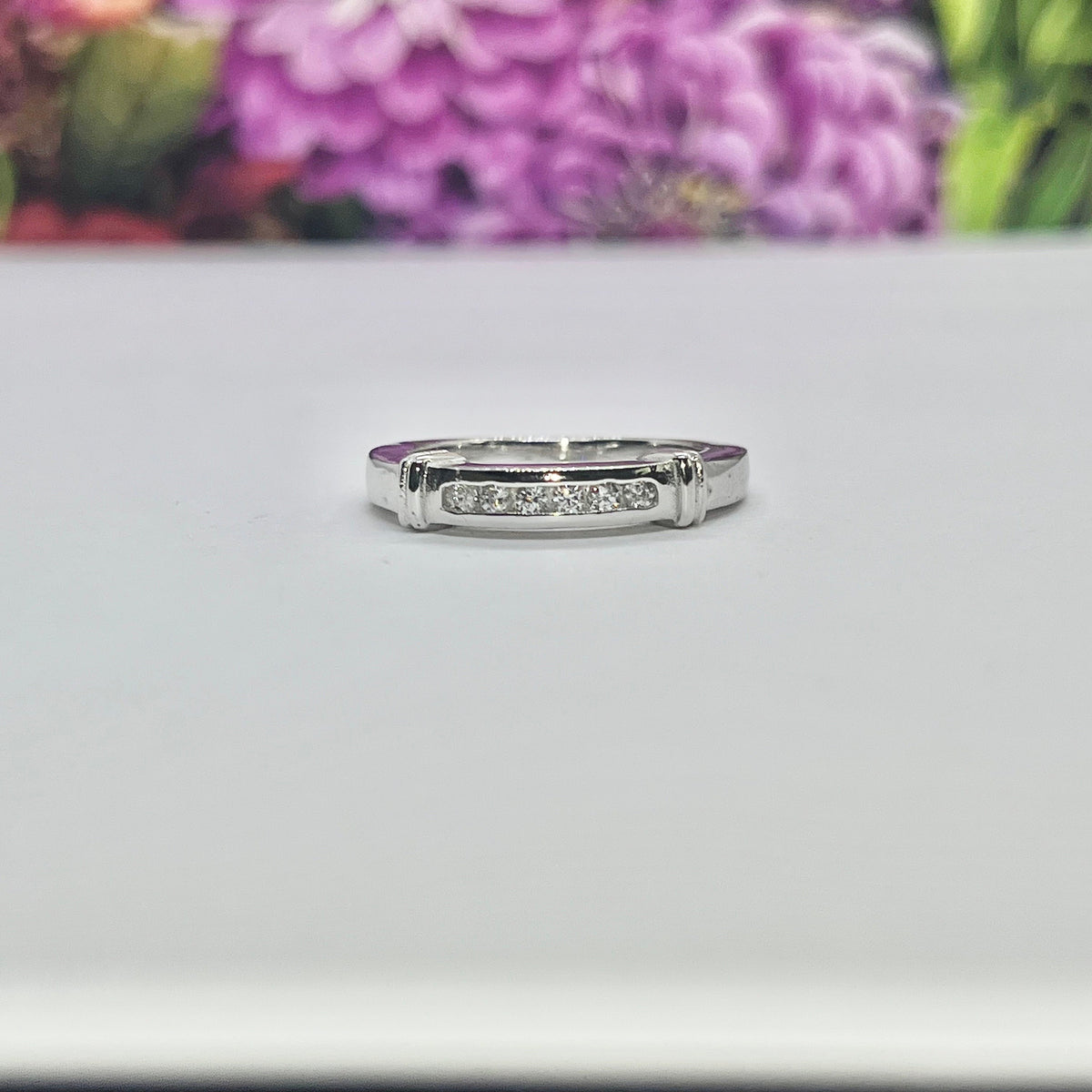 Sterling Silver Moissanite Wedding Band: Channel Set Ring