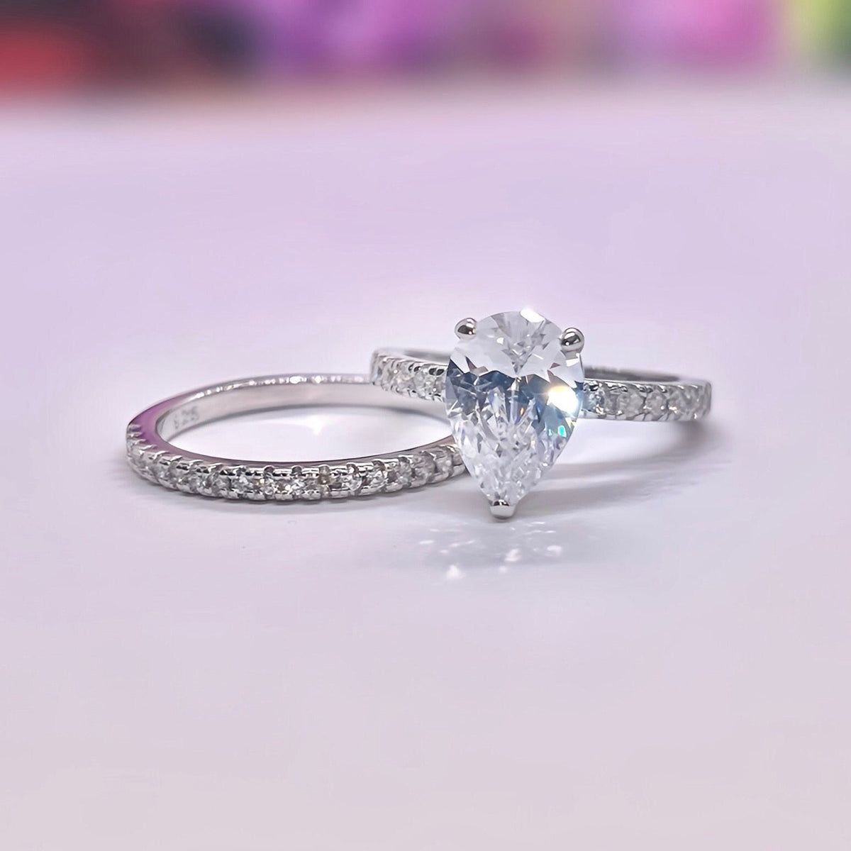 Pear Cut Engagement Ring Set Moissanite 2 Carat : 925 Sterling Silver Bridal Rings