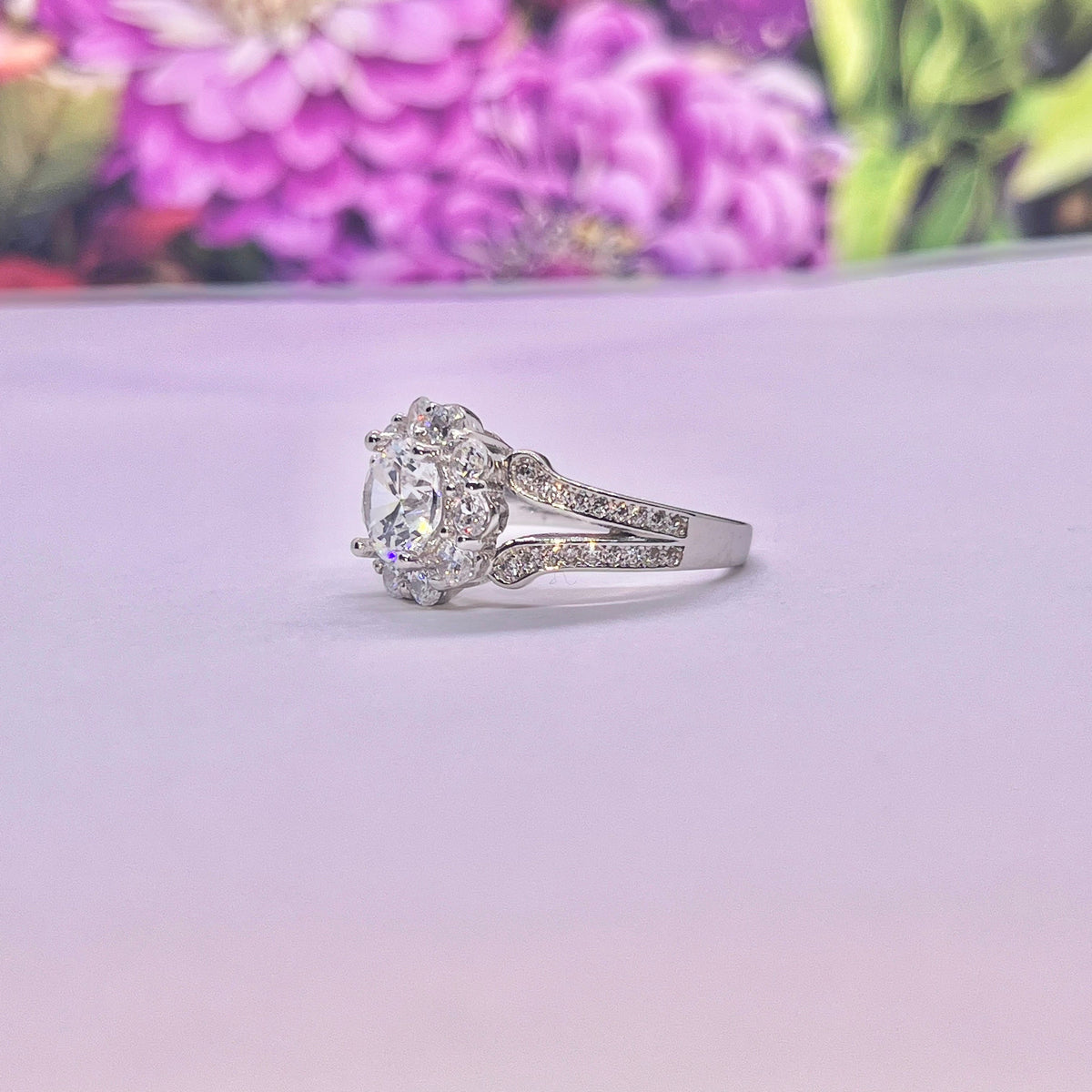 Vintage Style Lab Diamond Cluster Ring: Sterling Silver Engagement