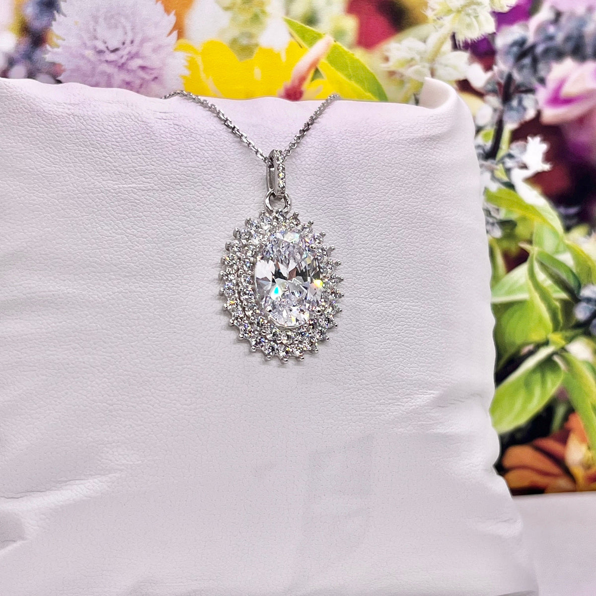 Flowery Oval Cut 6 Ct  Moissanite Diamond Necklace Sterling 925 Silver Flower Pendant Necklace