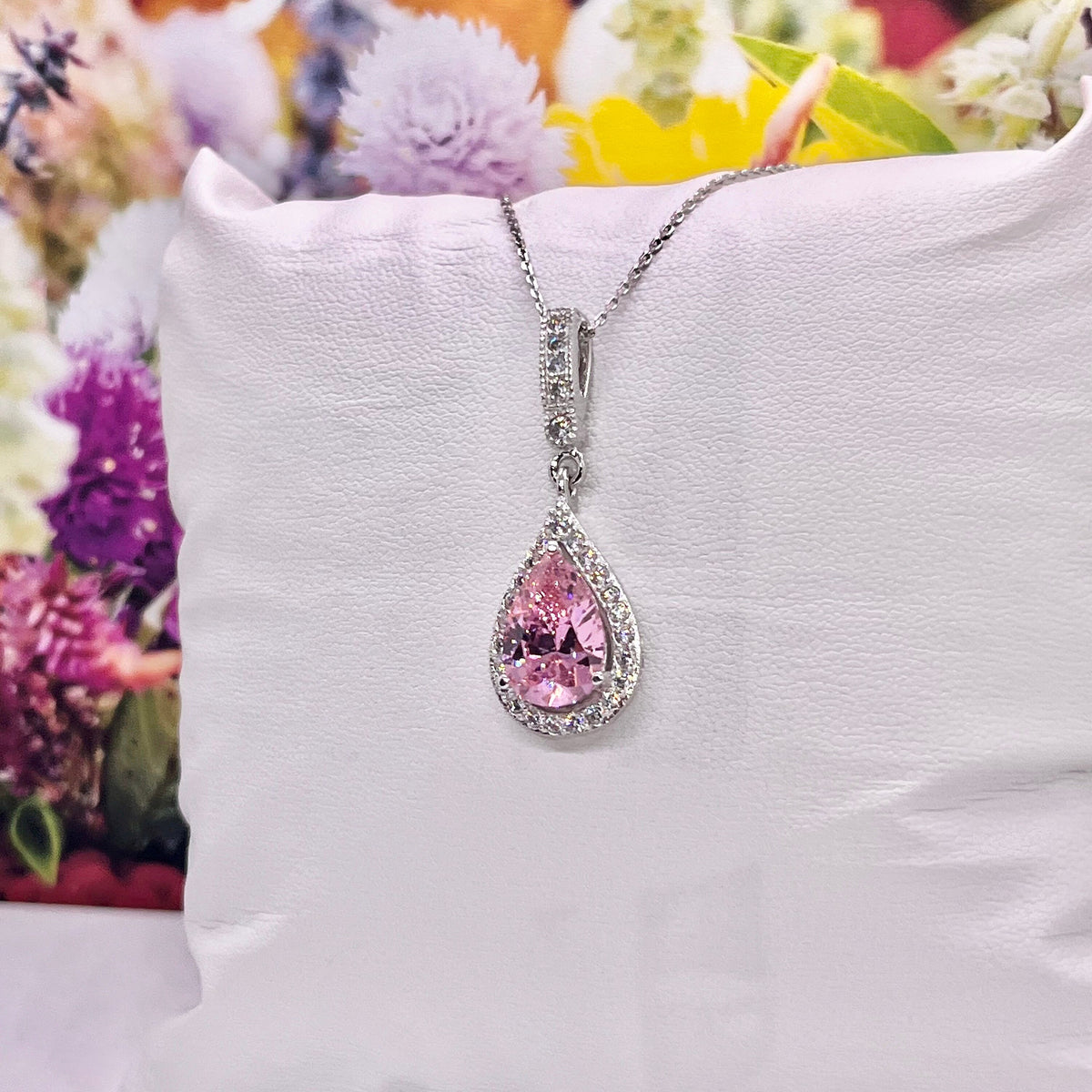 Tear Drop Pink Sapphire Pendant Necklace 925 Sterling Silver