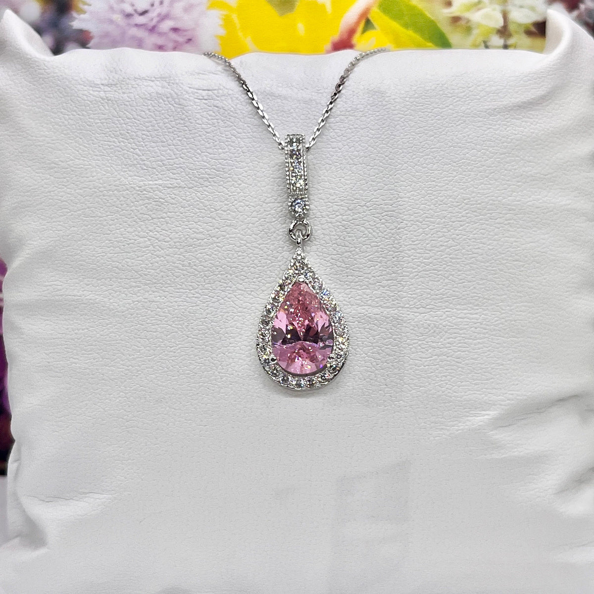 Tear Drop Pink Sapphire Pendant Necklace 925 Sterling Silver
