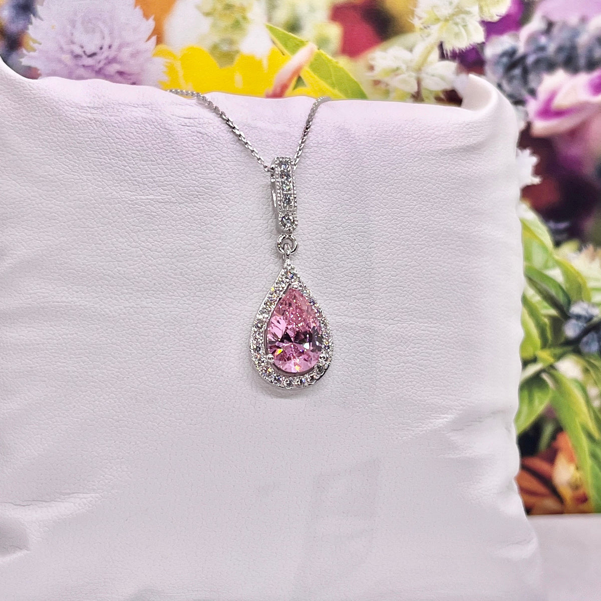 Tear Drop Pink Sapphire Pendant Necklace 925 Sterling Silver