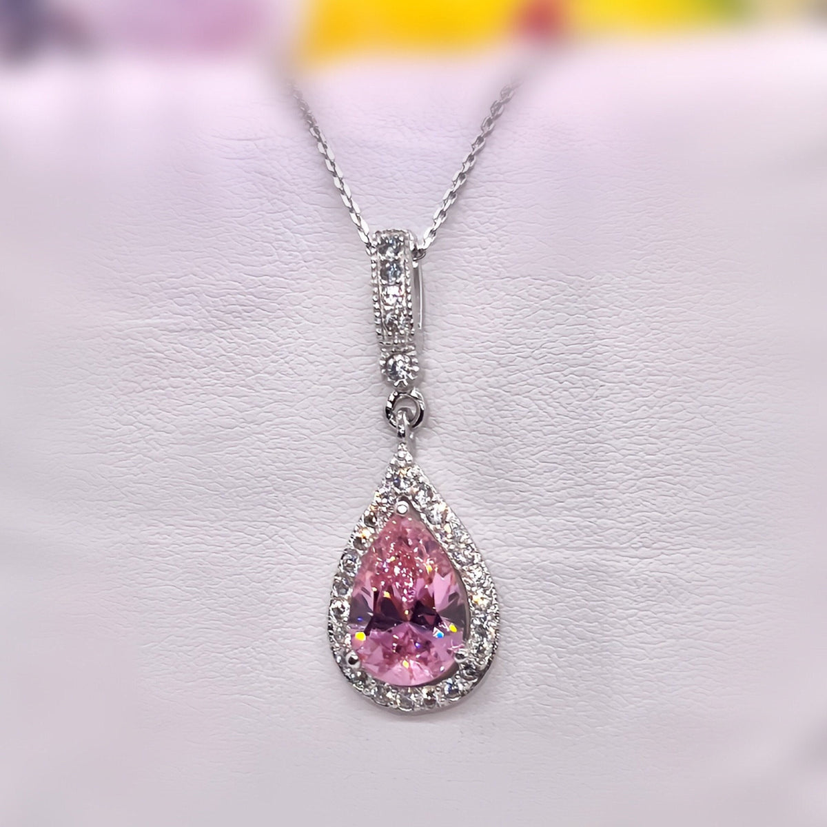 Tear Drop Pink Sapphire Pendant Necklace 925 Sterling Silver