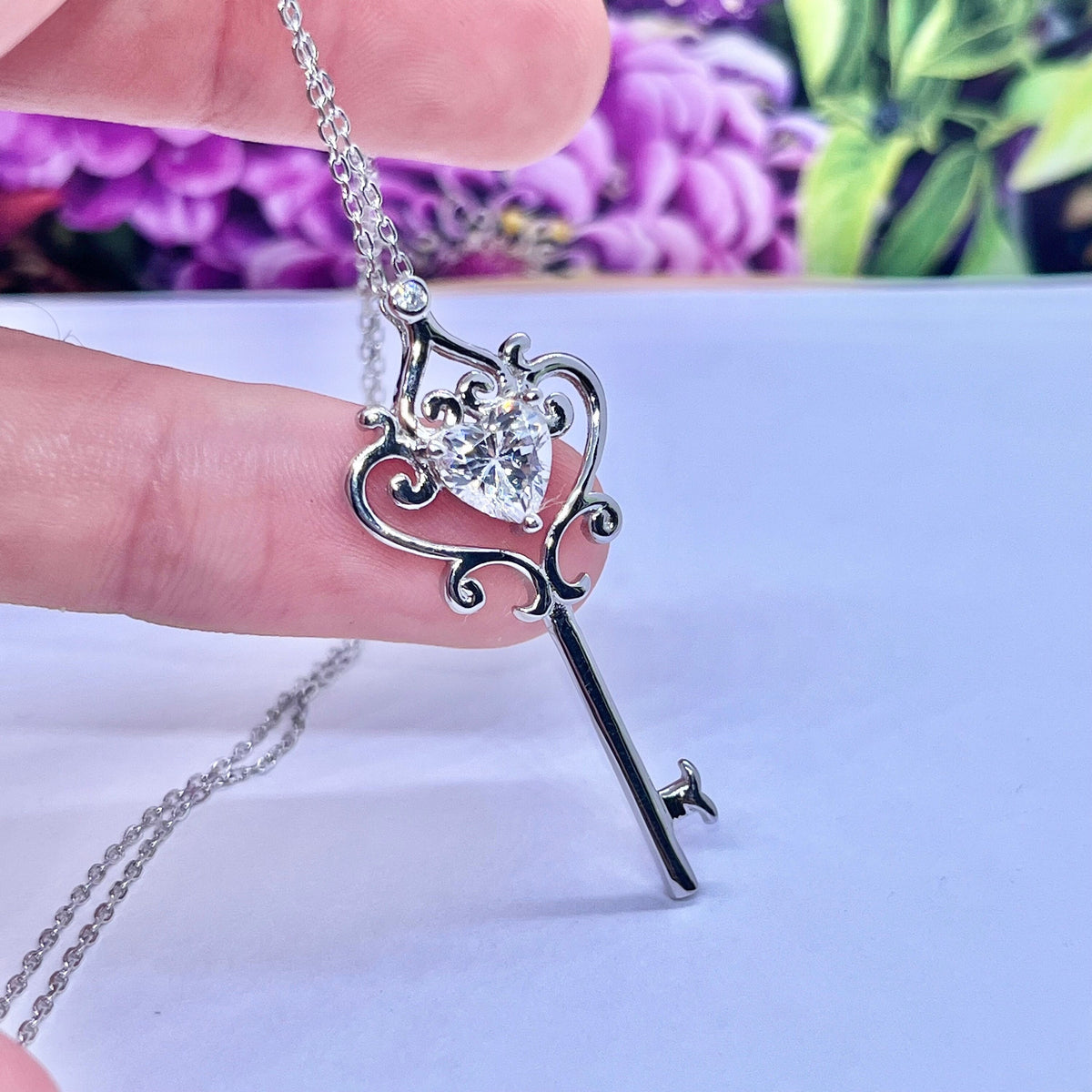 Vintage Style Heart Moissanite Key Pendant: 925 Sterling Silver Necklace