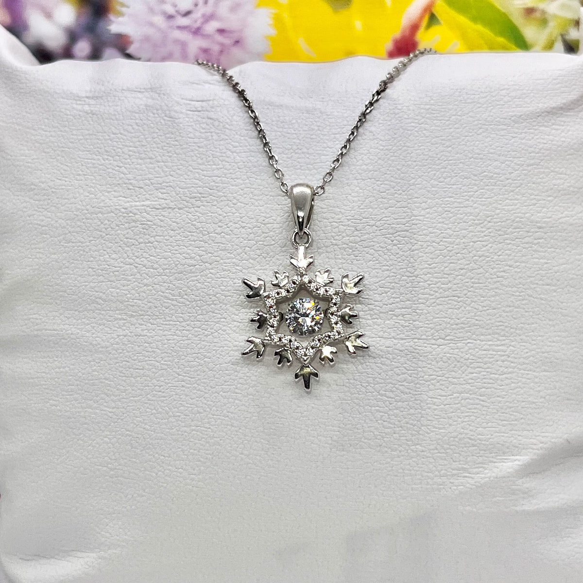 Sterling Silver Snowflake Necklace, Moissanite Diamond Pendant, Bridal Gift