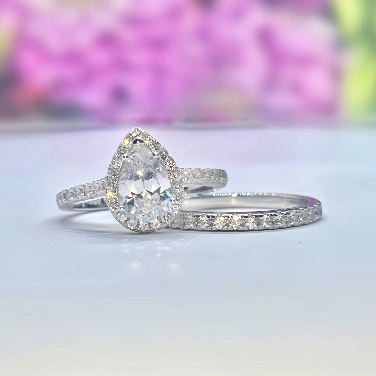 Tear Drop Engagement Ring Set 1.5 Carat Moissanite : 925 Sterling Silver