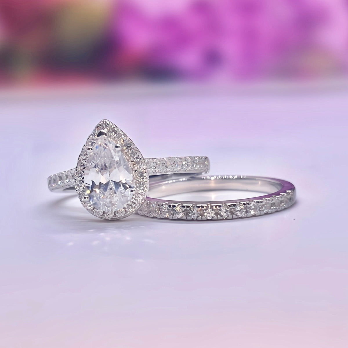 Tear Drop Engagement Ring Set 1.5 Carat Moissanite : 925 Sterling Silver