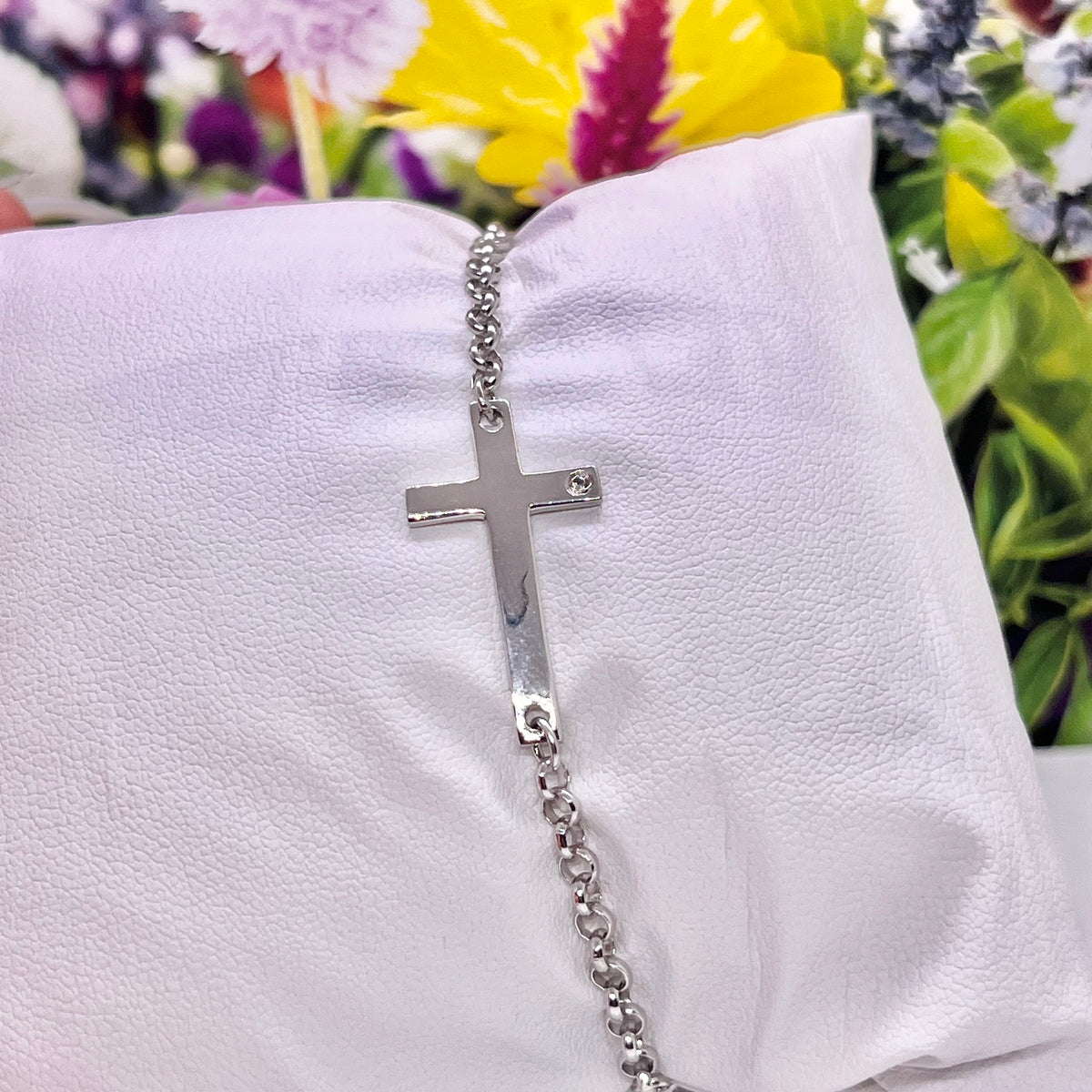 Sterling Silver Cross Bracelet: Moissanite Diamond, Adjustable