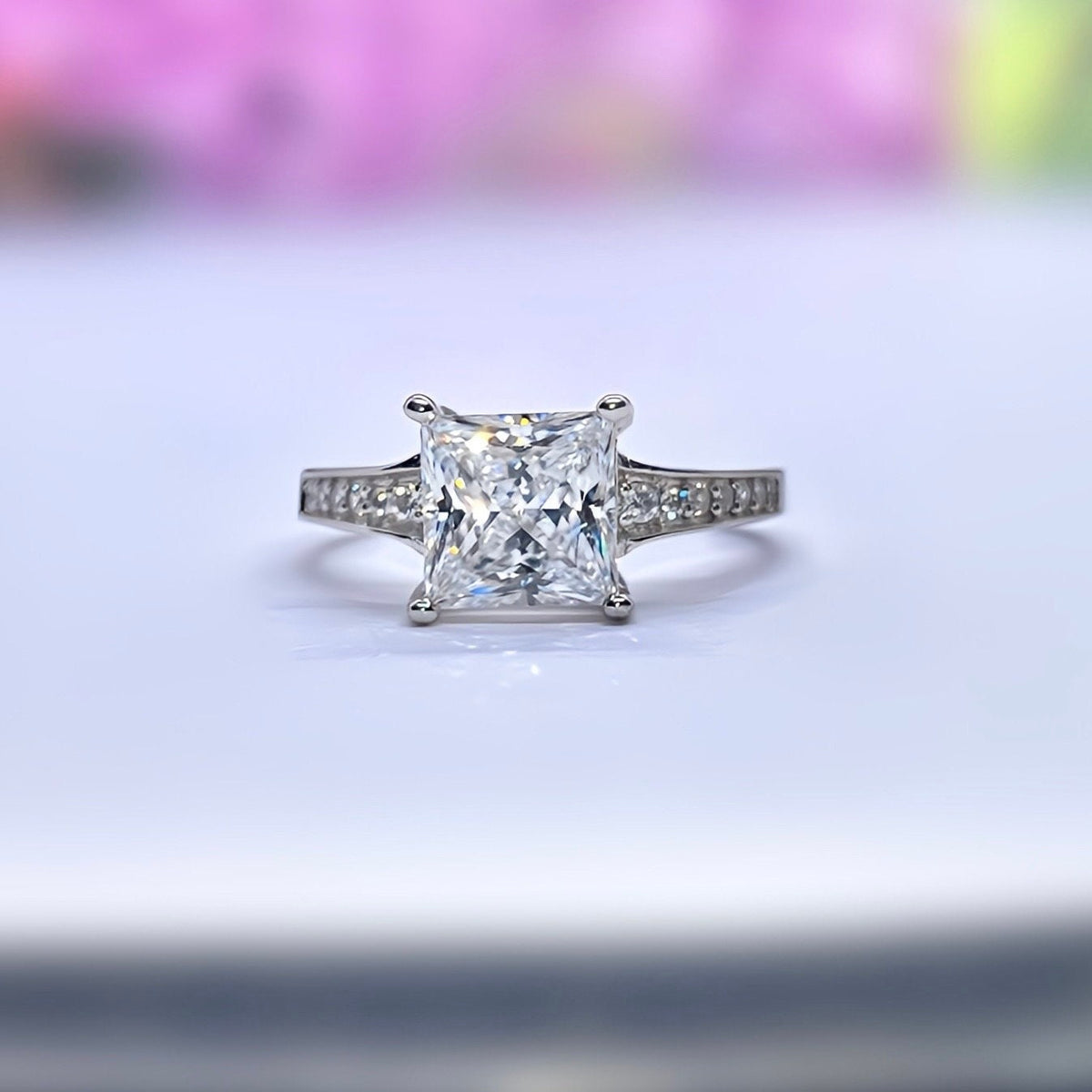 Princess Cut 1.5 Ct Moissanite Engagement Ring: 925 Sterling Silver
