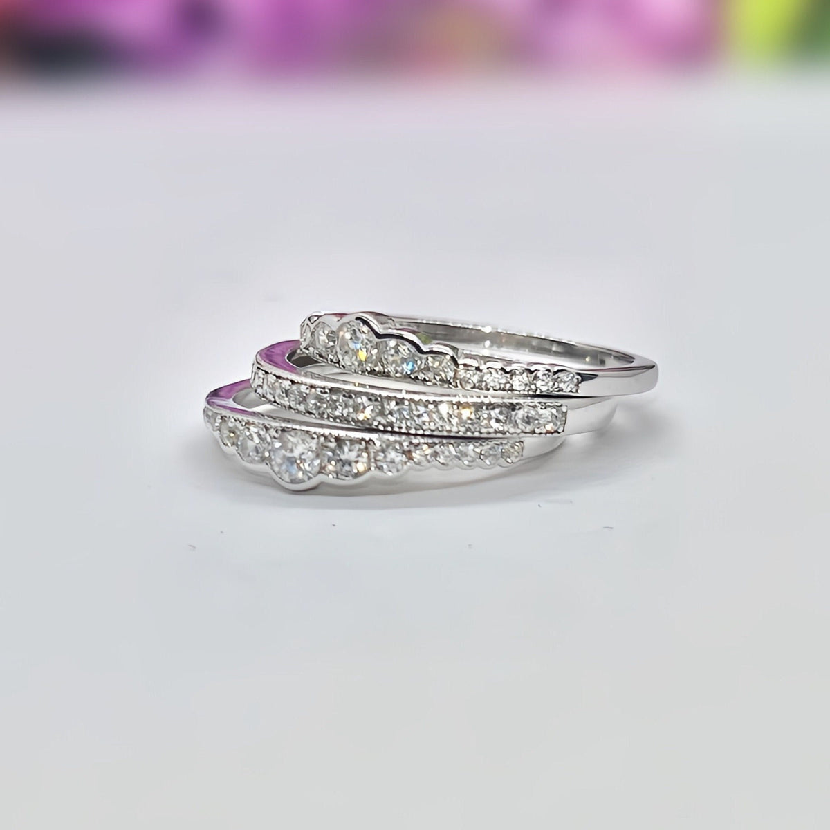 Moissanite Diamond Sterling Silver Eternity Ring Set: Stackable Bridal Rings